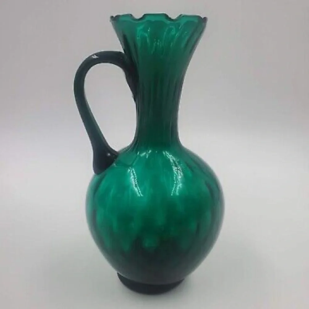Vintage Empoli Italian Juniper Green Diamond Optic Glass Pitcher Vase 8”
